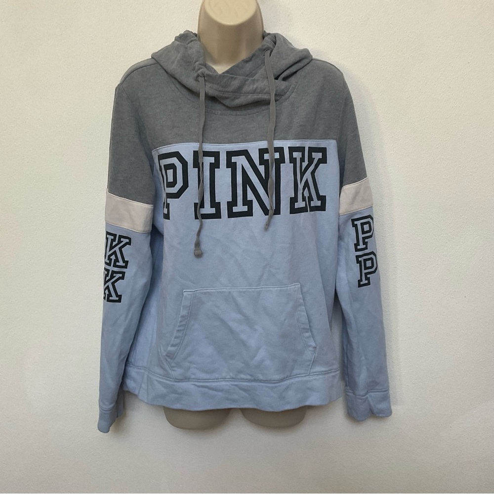 Victoria's Secret Pink Blue, Grey, White Color Block Hoodie Size Medium